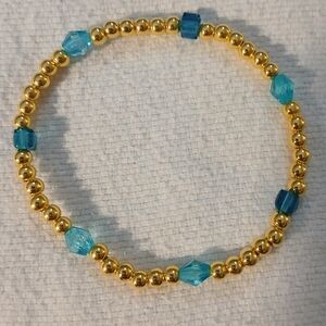 NWT Handcrafted Elegant 7.5" Gold & Glass Blue Turquoise Beaded Bracelet